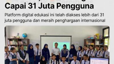 Tampilan news insert di aplikasi Rumah Pendidikan dengan header hijau dan logo daun, judul 'Rumah Pendidikan Rayakan HUT Ke-1, Edukasi Digital Capai 31 Juta Pengguna'. Menampilkan foto kelompok siswa sekolah dasar berpakaian seragam biru duduk di depan komputer di ruang kelas, beserta ikon penghargaan internasional dari UNESCO dan Google, serta tombol media sosial di bagian bawah.